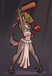 Size: 1394x2048 | Tagged: safe, artist:psicoyote, canine, coyote, mammal, anthro, aztec, belly button, blood, breasts, clothes, club (weapon), ears, female, fur, gray body, gray fur, hat, headwear, heart, loincloth, looking at you, paws, sacrifice, signature, solo, solo female, standing, tail, thick thighs, thighs, tippy-toes, weapon, wide hips