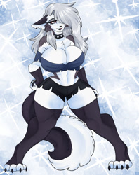 Size: 1024x1295 | Tagged: safe, artist:andromeda-james, loona (vivzmind), canine, fictional species, hellhound, mammal, anthro, digitigrade anthro, hazbin hotel, helluva boss, 2021, bedroom eyes, belly button, big breasts, black nose, bottomwear, breasts, clothes, collar, colored sclera, digital art, ear piercing, ears, evening gloves, eyelashes, female, floppy ears, fur, gloves, hair, legwear, long gloves, one eye closed, open mouth, piercing, pose, red sclera, sharp teeth, shirt, shorts, simple background, solo, solo female, spiked collar, stockings, tail, teeth, thighs, tongue, topwear, wide hips