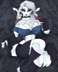 Size: 1024x1259 | Tagged: safe, artist:andromeda-james, loona (vivzmind), canine, fictional species, hellhound, mammal, anthro, digitigrade anthro, hazbin hotel, helluva boss, 2021, bedroom eyes, belly button, black nose, bottomwear, breasts, cell phone, clothes, collar, colored sclera, digital art, ear piercing, ears, evening gloves, eyelashes, female, fur, gloves, hair, legwear, long gloves, looking at you, open mouth, phone, piercing, pose, red sclera, sharp teeth, shirt, shorts, simple background, smartphone, solo, solo female, spiked collar, stockings, tail, teeth, thighs, topwear, wide hips