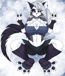 Size: 1024x1193 | Tagged: safe, artist:andromeda-james, loona (vivzmind), canine, fictional species, hellhound, mammal, anthro, digitigrade anthro, hazbin hotel, helluva boss, 2021, bedroom eyes, belly button, black nose, bottomwear, breasts, clothes, collar, colored sclera, digital art, double peace sign, ear piercing, ears, evening gloves, eyelashes, female, fur, gloves, hair, legwear, long gloves, looking at you, piercing, pose, red sclera, shirt, shorts, simple background, solo, solo female, spiked collar, squatting, stockings, tail, thighs, topwear, wide hips