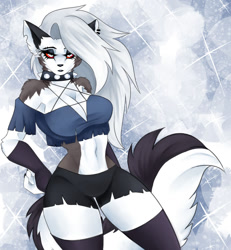 Size: 1024x1107 | Tagged: safe, artist:andromeda-james, loona (vivzmind), canine, fictional species, hellhound, mammal, anthro, hazbin hotel, helluva boss, 2021, bedroom eyes, belly button, black nose, bottomwear, breasts, clothes, collar, colored sclera, digital art, ear piercing, ears, evening gloves, eyelashes, female, fur, gloves, hair, hand on hip, legwear, long gloves, looking at you, piercing, pose, red sclera, shirt, shorts, simple background, solo, solo female, spiked collar, stockings, tail, thighs, topwear, wide hips