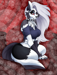 Size: 1024x1356 | Tagged: safe, artist:andromeda-james, loona (vivzmind), canine, fictional species, hellhound, mammal, anthro, digitigrade anthro, hazbin hotel, helluva boss, 2021, bedroom eyes, belly button, black nose, bottomwear, breasts, clothes, collar, colored sclera, digital art, ear piercing, ears, evening gloves, eyelashes, female, fur, gloves, hair, kneeling, legwear, long gloves, looking at you, piercing, pose, red sclera, shirt, shorts, simple background, solo, solo female, spiked collar, stockings, tail, thighs, topwear, wide hips