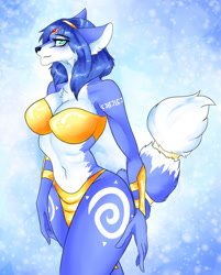 Size: 1024x1274 | Tagged: safe, artist:andromeda-james, krystal (star fox), canine, fox, mammal, anthro, nintendo, star fox, 2021, bedroom eyes, belly button, bikini, bikini top, black nose, breasts, clothes, digital art, ears, eyelashes, female, fur, hair, jewelry, loincloth, looking at you, pose, simple background, solo, solo female, swimsuit, tail, thighs, tribal markings, vixen, wide hips