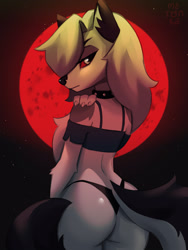 Size: 2400x3200 | Tagged: suggestive, artist:metonka, loona (vivzmind), canine, fictional species, hellhound, mammal, anthro, hazbin hotel, helluva boss, 2022, big butt, butt, clothes, ears, female, gray hair, hair, long hair, looking back, solo, solo female, tail, thick thighs, thighs