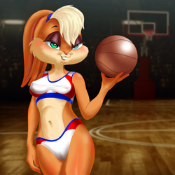 Size: 1280x1280 | Tagged: suggestive, artist:sharkdark, lola bunny (looney tunes), lagomorph, mammal, rabbit, anthro, looney tunes, space jam, warner brothers, 2020, ball, basketball, basketball court, bedroom eyes, belly button, breasts, buckteeth, cameltoe, clothes, digital art, ears, eyelashes, female, fur, hair, midriff, nipple outline, open mouth, pink nose, solo, solo female, sports bra, sports panties, tail, teeth, thighs, tongue, topwear, wide hips