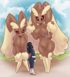 Size: 1740x1920 | Tagged: suggestive, artist:mdjoe, alpha pokémon, fictional species, human, lopunny, mammal, anthro, digitigrade anthro, nintendo, pokémon, 2022, bedroom eyes, belly button, black sclera, breasts, colored sclera, digital art, ears, eyelashes, featureless breasts, featureless crotch, female, fur, group, male, pink nose, pokémon trainer, size difference, tail, thighs, trio, wide hips