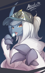 Size: 2200x3580 | Tagged: safe, artist:zinfyu, absol, fictional species, mammal, feral, nintendo, pokémon, 2019, black nose, cap, claws, digital art, ears, eyelashes, female, fluff, fur, glasses, hair, hat, headwear, horn, lollipop, looking at you, neck fluff, open mouth, saliva, solo, solo female, sunglasses, tongue
