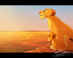 Size: 2500x2000 | Tagged: safe, artist:tuesdaytamworth, sarabi (the lion king), simba (the lion king), big cat, feline, lion, mammal, disney, the lion king, cub, duo, female, letterboxing, lioness, male, mother, mother and child, mother and son, signature, sitting, son, young