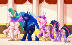 Size: 2560x1600 | Tagged: safe, artist:mysticalpha, princess cadence (mlp), princess celestia (mlp), princess luna (mlp), twilight sparkle (mlp), alicorn, equine, fictional species, mammal, pony, feral, friendship is magic, hasbro, my little pony, 8:5, blue body, blue fur, blue hair, cutie mark, digital art, ears, eyes closed, female, females only, fur, group, hair, horn, indoors, multicolored hair, on model, pink body, pink fur, pink hair, purple body, purple eyes, purple fur, purple hair, sparkly hair, sparkly mane, sparkly tail, tail, white body, white fur, wings, yellow hair