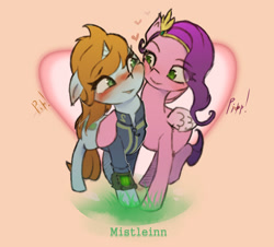 Size: 1485x1341 | Tagged: safe, artist:mistleinn, pipp petals (mlp), oc, oc:littlepip, equine, fictional species, mammal, pegasus, pony, unicorn, fallout equestria, fallout, friendship is magic, hasbro, my little pony, my little pony g5, spoiler:my little pony g5, blushing, circlet, clothes, crossover, duo, duo female, ears, female, female/female, females only, floppy ears, folded wings, heart, hoof around neck, hug, looking at each other, looking at someone, mare, name, pipbuck, shipping, smiling, squishy cheeks, standing, vault suit, wings