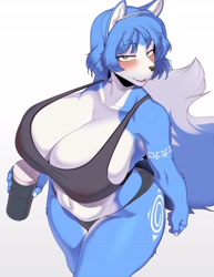 Size: 3154x4096 | Tagged: suggestive, artist:cervina7, krystal (star fox), canine, fox, mammal, anthro, nintendo, star fox, 2022, blue hair, breasts, clothes, ears, female, hair, huge breasts, looking at you, see-through, smiling, smiling at you, solo, solo female, tail, thick thighs, thighs, vixen