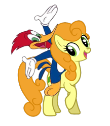 Size: 627x723 | Tagged: safe, edit, woody woodpecker (woody woodpecker), earth pony, equine, fictional species, mammal, pony, hasbro, my little pony, woody woodpecker, carrot top, clothes, crossover, cute, cutie top, female, gloves, golden harvest, hands in the air, hooves, male, mare, open mouth, open smile, raised hoof, raised leg, riding, smiling, the new woody woodpecker show, woodpeckers riding ponies, woodybetes