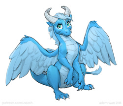 Size: 1000x854 | Tagged: safe, artist:zaush, oc, oc only, oc:kothorix, dragon, fictional species, reptile, western dragon, semi-anthro, spyro the dragon (series), 2018, blue body, cyan eyes, digital art, ears, feathers, horns, looking at you, male, paws, scales, simple background, solo, solo male, tail, tail tuft, white background, wings