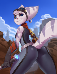 Size: 1166x1500 | Tagged: safe, artist:doomxwolf, rivet (r&c), fictional species, lombax, mammal, anthro, ratchet & clank, 2022, big butt, breasts, butt, clothes, ears, female, goggles, goggles on head, hair, looking at you, looking back, looking back at you, prosthetic arm, prosthetics, scarf, smiling, smiling at you, solo, solo female, tail, thick thighs, thighs, white hair