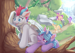 Size: 4096x2896 | Tagged: safe, artist:cutepencilcase, hitch trailblazer (mlp), izzy moonbow (mlp), pipp petals (mlp), sunny starscout (mlp), zipp storm (mlp), earth pony, equine, fictional species, mammal, pegasus, pony, unicorn, feral, hasbro, my little pony, my little pony g5, spoiler:my little pony g5, 2022, colored pupils, feathered wings, feathers, female, group, happy, high res, horn, male, mane five (mlp g5), mare, perching, plant, smiling, stallion, tail, tree, tree branch, water, waterfall, wings