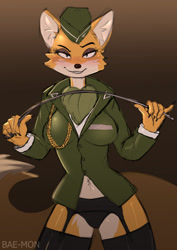 Size: 905x1280 | Tagged: suggestive, artist:bae-mon, lt. fox vixen (squirrel and hedgehog), canine, fox, mammal, anthro, squirrel and hedgehog, 2022, bedroom eyes, black nose, blushing, breasts, cameltoe, clothes, digital art, ears, eyelashes, female, fur, legwear, looking at you, panties, shirt, solo, solo female, stockings, tail, thighs, topwear, underwear, uniform, vixen, whip, wide hips