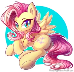 Size: 1080x1044 | Tagged: safe, artist:chaosangeldesu, part of a set, fluttershy (mlp), equine, fictional species, mammal, pegasus, pony, feral, friendship is magic, hasbro, my little pony, 2019, blue eyes, butt, butt fluff, cute, feathered wings, feathers, female, fluff, fur, hair, heart, heart eyes, looking at you, looking back, looking back at you, mane, mare, pink hair, pink mane, pink tail, signature, smiling, smiling at you, solo, solo female, tail, ungulate, wingding eyes, wings, yellow body, yellow fur