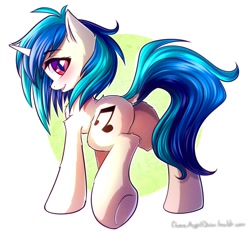 Size: 1080x999 | Tagged: safe, artist:chaosangeldesu, part of a set, vinyl scratch (mlp), equine, fictional species, mammal, pony, unicorn, feral, friendship is magic, hasbro, my little pony, blue hair, blue mane, blue tail, butt, butt fluff, cute, dock, female, fluff, fur, hair, hooves, looking at you, looking back, looking back at you, mane, mare, pink eyes, solo, solo female, tail, underhoof, white body, white fur