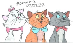 Size: 1124x656 | Tagged: safe, artist:cmara, berlioz (the aristocats), marie (the aristocats), toulouse (the aristocats), cat, feline, mammal, feral, disney, the aristocats, 2022, 2d, black body, black fur, blue sclera, bow, bow tie, brother, brother and sister, brothers, clothes, colored sclera, female, fur, group, hair bow, kitten, male, orange body, orange fur, siblings, sister, traditional art, trio, white body, white fur, yellow sclera, young