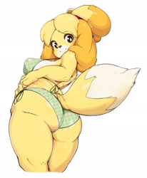 Size: 1686x2048 | Tagged: suggestive, alternate version, artist:slugbox, isabelle (animal crossing), canine, dog, mammal, shih tzu, animal crossing, nintendo, 2019, bikini, black nose, blushing, breasts, butt, clothes, digital art, ears, eyelashes, female, fur, hair, looking at you, looking back, looking back at you, nipple outline, pose, rear view, sideboob, simple background, solo, solo female, swimsuit, tail, thighs, white background, wide hips