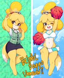 Size: 1697x2048 | Tagged: safe, artist:slugbox, isabelle (animal crossing), canine, dog, mammal, shih tzu, anthro, digitigrade anthro, animal crossing, nintendo, 2019, belly button, black nose, blushing, bottomwear, breasts, cheerleader, cheerleader outfit, clothes, digital art, ears, eyelashes, female, fur, hair, one eye closed, open mouth, pom pom, pose, shirt, simple background, skirt, tail, thighs, tongue, topwear, wide hips