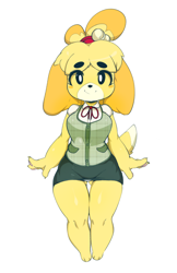 Size: 2038x3153 | Tagged: safe, artist:slugbox, isabelle (animal crossing), canine, dog, mammal, shih tzu, anthro, digitigrade anthro, animal crossing, nintendo, 2018, black nose, blushing, bottomwear, breasts, butt, clothes, digital art, ears, eye through hair, eyelashes, female, fur, hair, looking at you, panties, shirt, simple background, skirt, solo, solo female, tail, thighs, topwear, underass, underwear, white background, wide hips
