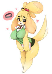 Size: 2130x3000 | Tagged: safe, artist:slugbox, isabelle (animal crossing), canine, dog, mammal, shih tzu, anthro, digitigrade anthro, animal crossing, nintendo, 2017, bent over, black nose, blushing, bottomwear, breasts, clothes, digital art, ears, eyelashes, female, fur, hair, looking at you, shirt, simple background, skirt, tail, thighs, topwear, white background, wide hips