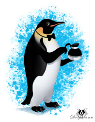 Size: 626x800 | Tagged: safe, artist:dolphiana, bird, penguin, feral, 2d, ambiguous gender, bow, bow tie, clothes, coffee mug, emperor penguin, looking at you, solo, solo ambiguous