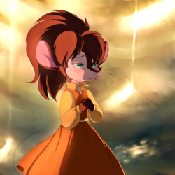 Size: 894x894 | Tagged: dead source, safe, artist:jackybunnybun, tanya mousekewitz (an american tail), mammal, mouse, rodent, anthro, an american tail, sullivan bluth studios, 2d, blushing, brown hair, clothes, dress, female, front view, green eyes, hair, murine, sad, solo, solo female, teenager, three-quarter view