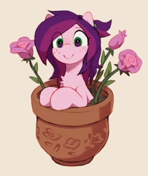 Size: 1603x1897 | Tagged: safe, artist:orchidpony, oc, oc only, oc:rose shelf, earth pony, equine, fictional species, mammal, pony, feral, friendship is magic, hasbro, my little pony, 2022, female, flower, flower pot, freckles, green eyes, hair, looking at you, mane, mare, pink body, plant, pot, purple hair, purple mane, rose, simple background, smiling, solo, solo female