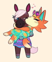Size: 1094x1309 | Tagged: safe, artist:xishka, audie (animal crossing), reneigh (animal crossing), canine, equine, horse, mammal, wolf, semi-anthro, animal crossing, animal crossing: new horizons, nintendo, 2d, blushing, clothes, cute, dress, duo, duo female, eyes closed, female, female/female, females only, glasses, heart, kiss on the cheek, kissing, mare, muumuu, one eye closed, semi-anthro/semi-anthro, sunglasses, ungulate