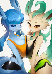Size: 2480x3508 | Tagged: suggestive, artist:momikacha_, eeveelution, fictional species, glaceon, leafeon, mammal, anthro, nintendo, pokémon, 2022, anthrofied, blue eyes, blue hair, breast frottage, breast squish, breasts, cleavage, clothes, duo, duo female, ears, female, females only, green hair, hair, high res, huge breasts, long ears, looking at you, orange eyes, siblings, sister, sisters, smiling, smiling at you, tail