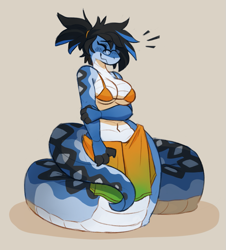 Size: 999x1106 | Tagged: safe, artist:retros, oc, oc:satomi (inkbleederwolf), fictional species, reptile, snake, naga, belly button, blue body, blushing, bra, breasts, clothes, eyes closed, female, glasses, hair, ponytail, scales, snake tail, solo, solo female, tail, underwear