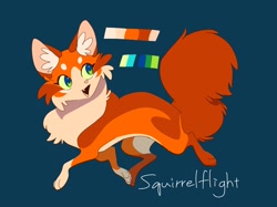 Size: 2048x1535 | Tagged: safe, artist:phyllosta_tiyo, squirrelflight (warrior cats), cat, feline, mammal, feral, warrior cats, blue background, color palette, cute, cute little fangs, ear fluff, fangs, female, fluff, fur, green eyes, looking at something, multicolored fur, open mouth, orange body, orange fur, quadruped, reference sheet, simple background, solo, solo female, tail, tail fluff, tan body, tan fur, teeth, tongue, walking