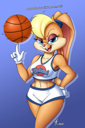 Size: 1000x1500 | Tagged: safe, artist:atticus-kotch, lola bunny (looney tunes), lagomorph, mammal, rabbit, anthro, looney tunes, space jam, warner brothers, 2021, ball, basketball, bedroom eyes, belly button, bottomwear, breasts, buckteeth, clothes, crop top, dialogue, digital art, ears, eyelashes, female, fur, gloves, hair, hand on hip, looking at you, midriff, open mouth, pink nose, shorts, simple background, solo, solo female, tail, talk, talking, tank top, teeth, text, thighs, tongue, topwear, wide hips