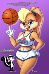 Size: 1000x1500 | Tagged: safe, alternate version, artist:atticus-kotch, lola bunny (looney tunes), pepe le pew (looney tunes), lagomorph, mammal, rabbit, skunk, anthro, looney tunes, space jam, warner brothers, 2021, ball, basketball, bedroom eyes, belly button, bottomwear, breasts, buckteeth, clothes, crop top, dialogue, digital art, ears, eyelashes, eyes closed, female, female focus, fur, gloves, hair, hand on hip, looking at you, midriff, open mouth, pink nose, shorts, simple background, solo, solo female, solo focus, tail, talk, talking, tank top, teeth, text, thighs, tongue, topwear, wide hips