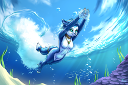 Size: 1500x1000 | Tagged: safe, alternate version, artist:atticus-kotch, krystal (star fox), canine, fox, mammal, anthro, digitigrade anthro, nintendo, star fox, 2021, armpits, belly button, breasts, digital art, diving, ears, eyelashes, featureless breasts, featureless crotch, female, fur, hair, jewelry, necklace, ocean, solo, solo female, tail, thighs, tribal markings, underwater, vixen, water, wide hips