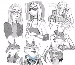 Size: 2048x1784 | Tagged: safe, artist:230n6g, porsha crystal (sing), suki lane (sing), canine, dog, mammal, saluki, wolf, anthro, illumination entertainment, sing (film), 2022, bedroom eyes, duo, eyes closed, female, glasses, glasses on head, heart, looking at you, love heart, open mouth, open smile, round glasses, smiling, sunglasses, sunglasses on head