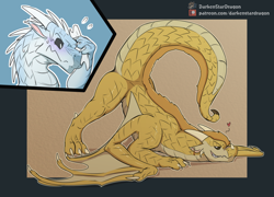 Size: 1280x923 | Tagged: suggestive, artist:darkenstardragon, qibli (wings of fire), winter (wings of fire), dragon, fictional species, icewing, reptile, sandwing, western dragon, wings of fire (book series), blushing, duo, duo male, face down ass up, heart, horns, jack-o' crouch pose, male, male/male, males only, seductive, sweat, tail, webbed wings, wings
