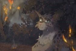 Size: 2560x1707 | Tagged: safe, artist:artblock studio, artist:red scarf, ashfur (warrior cats), cat, feline, mammal, feral, warrior cats, 2021, blue eyes, blue sclera, burn, bush, cheek fluff, chest fluff, colored sclera, crying, digital art, digital painting, eyebrows, feet, fire, fluff, forest, forest background, fur, gray body, gray fur, male, nature background, paws, pink nose, rain, scenery, simple background, solo, solo male, spotted fur, tears, whiskers