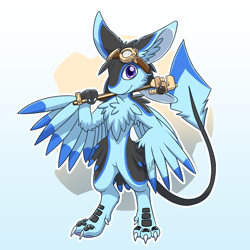 Size: 2532x2532 | Tagged: safe, artist:mutsomuno, oc, oc only, oc:rinne (linuxpony), avali, fictional species, semi-anthro, :3, beans, blue background, blue eyes, cheek fluff, claws, ear fluff, feathered wings, feathers, fluff, four ears, gear, head fluff, looking at you, male, outline, signature, simple background, smiling, solo, solo male, tail, tail feathers, white outline, wings, wrench