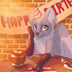 Size: 2000x2000 | Tagged: safe, artist:whira, oc, oc:luna the enfield, bird, canine, enfield, fictional species, fox, mammal, feral, alcohol, bar, beer, birthday, brick wall, celebrating, chest fluff, commission, drink, ear piercing, earring, female, fluff, glasses, happy, party hat, piercing, solo, solo female, table, wings
