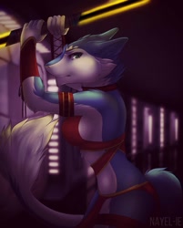 Size: 1031x1280 | Tagged: suggestive, artist:nayel-ie, oc, oc:kate (morpheuskibbe), fictional species, mammal, sergal, anthro, female, lightsaber, solo, solo female, weapon