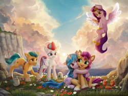 Size: 2000x1500 | Tagged: safe, artist:inowiseei, hitch trailblazer (mlp), izzy moonbow (mlp), pipp petals (mlp), sunny starscout (mlp), zipp storm (mlp), arthropod, bird, crab, crustacean, earth pony, equine, fictional species, mammal, pegasus, pony, unicorn, feral, hasbro, my little pony, my little pony g5, my little pony: a new generation, spoiler:my little pony g5, 2022, cell phone, chest fluff, circlet, cliff, commission, detailed background, ear fluff, ears, female, flower, fluff, flying, grass, group, headwear, hooves, hug, jewelry, looking at each other, looking at someone, looking down, male, mane five (mlp g5), mare, ocean, one eye closed, open mouth, open smile, outdoors, phone, plant, raised hoof, raised leg, regalia, sash, scenery, sitting, sky, smartphone, smiling, spread wings, stallion, tiara, unshorn fetlocks, water, wings