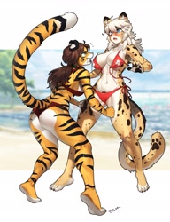 Size: 2067x2695 | Tagged: suggestive, artist:pgm300, big cat, cheetah, feline, mammal, saber-toothed cat, tiger, anthro, plantigrade anthro, absolute cleavage, assisted exposure, beach, belly button, big breasts, bikini, black nose, blue eyes, blushing, bocas top, breasts, brown hair, butt, claws, cleavage, clothes, dipstick ears, dipstick tail, duo, duo female, embarrassed, fangs, female, females only, fur, green eyes, hair, implied lesbian, legs, pale belly, palm pads, paw feet, pink nose, ponytail, sabertooth (anatomy), sexy, sharp teeth, side-tie bikini, spotted fur, string bikini, striped fur, swimsuit, tail, teeth, thick thighs, thighs, thong swimsuit, underass, wardrobe malfunction, white hair
