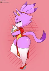 Size: 1020x1456 | Tagged: suggestive, artist:mildmanneredberk, blaze the cat (sonic), cat, feline, mammal, anthro, sega, sonic the hedgehog (series), 2022, abstract background, bottom heavy, butt, cheongsam, chinese dress, clothes, dress, female, fur, hair, hair tie, high heels, huge butt, huge thighs, legwear, lidded eyes, long eyelashes, long tail, looking at you, plushie, purple body, purple fur, shoes, side view, solo, solo female, tail, text, thigh highs, yellow eyes