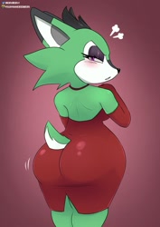 Size: 1025x1450 | Tagged: suggestive, artist:mildmanneredberk, clove the pronghorn (sonic), mammal, pronghorn, anthro, archie sonic the hedgehog, sega, sonic the hedgehog (series), 2022, annoyed, backless, black nose, blushing, bottom heavy, butt, clothes, dress, evening gloves, female, fur, gloves, green body, green fur, horns, huge butt, lidded eyes, long gloves, looking at you, looking back, looking back at you, open mouth, purple eyes, rear view, red dress, short tail, simple background, solo, solo female, tail, text