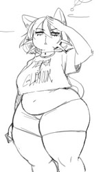 Size: 225x376 | Tagged: safe, artist:huwon, catti (deltarune), cat, feline, mammal, anthro, deltarune, 2022, belly button, big belly, black and white, bottomwear, clothes, ear piercing, fat, female, grayscale, hair, huge thighs, jewelry, low res, midriff, monochrome, necklace, open mouth, overweight, piercing, shirt, short shorts, shorts, solo, solo female, t-shirt, tail, text, text on clothing, text on shirt, topwear
