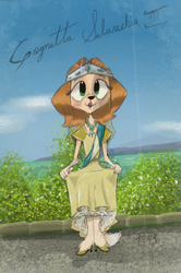 Size: 1541x2325 | Tagged: safe, artist:chuchito72, oc, oc only, oc:cagnetta salavechia iii (chuchito72), canine, dog, mammal, anthro, plantigrade anthro, blushing, brown hair, character name, clothes, curtsy, dress, female, green eyes, hair, headwear, high heels, jewelry, lipstick, looking at you, makeup, necklace, ocean, outdoors, plant, regalia, shoes, solo, solo female, tail, tiara, water