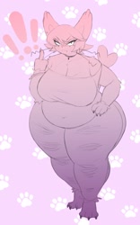 Size: 1275x2040 | Tagged: suggestive, artist:huwon, oc, oc only, oc:pearl (huwon), fictional species, purugly, anthro, nintendo, pokémon, 2022, 3 fingers, 3 toes, :<, anthrofied, barefoot, belly button, big ears, breasts, cleavage, clothes, cross necklace, ear piercing, ears, exclamation point, fat, female, frowning, hair, heart tail, hyper, hyper breasts, hyper thighs, looking at you, middle finger, midriff, monochrome, obese, pants, pattern background, piercing, ripped pants, shoulderless, solo, solo female, tank top, topwear, torn clothes, vulgar, whiskers